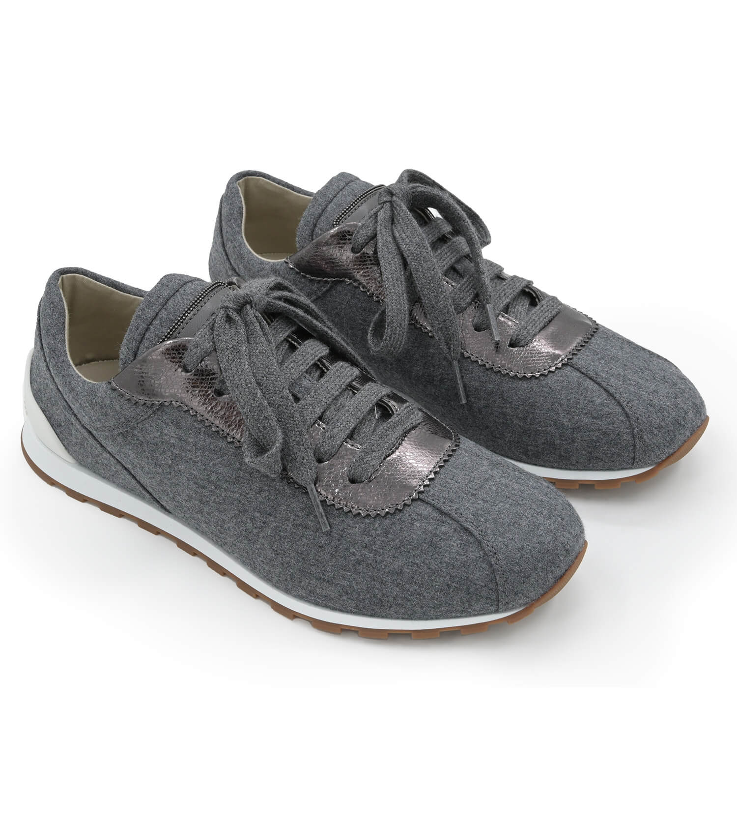 BRUNELLO CUCINELLI Virgin Wool Flannel And Lamé Calfskin Runners With Monili Sneakers