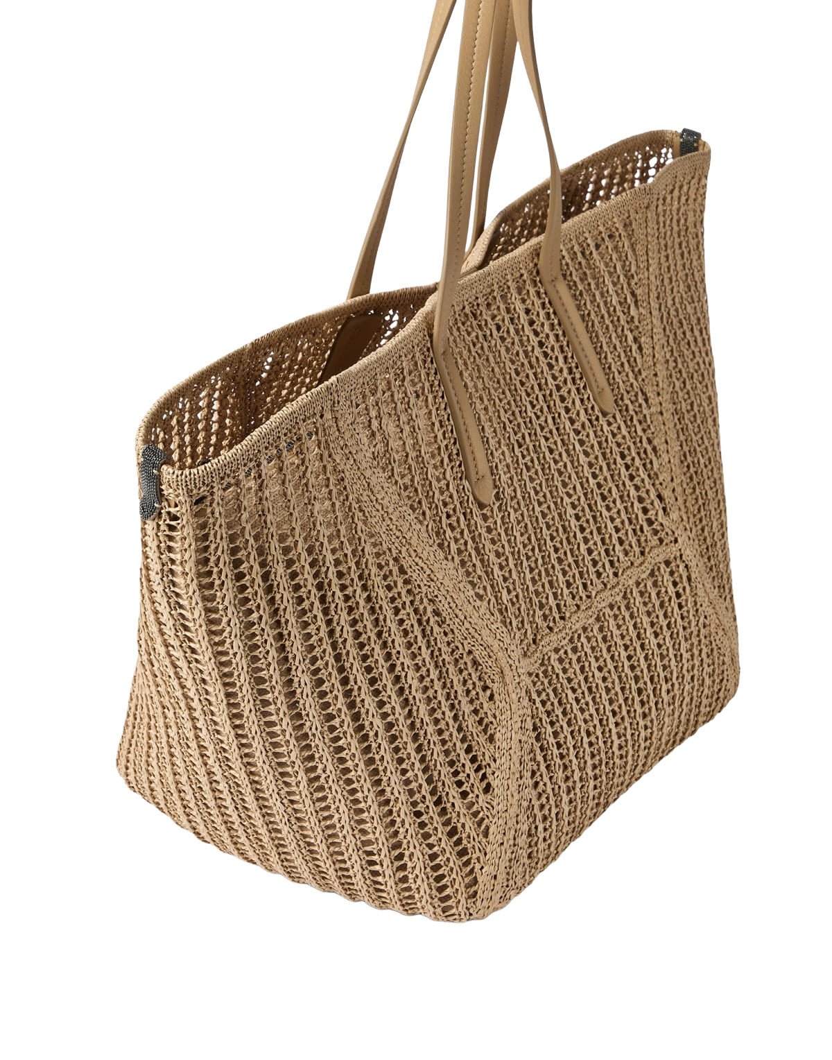Beige woven tote bag on a white background