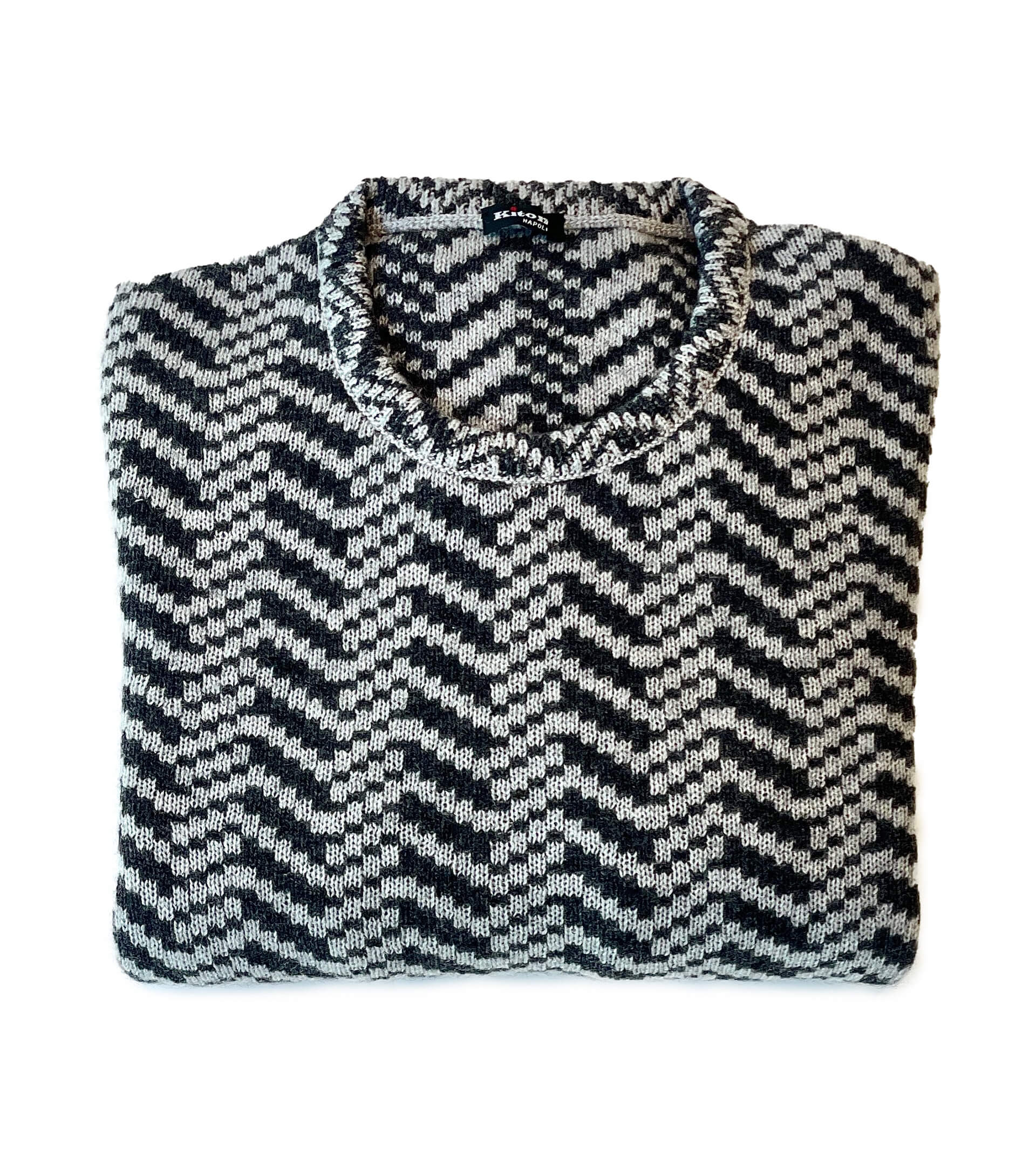KITON Cotton Cashmere Crewneck Sweater with Grey Silver Deco Pattern