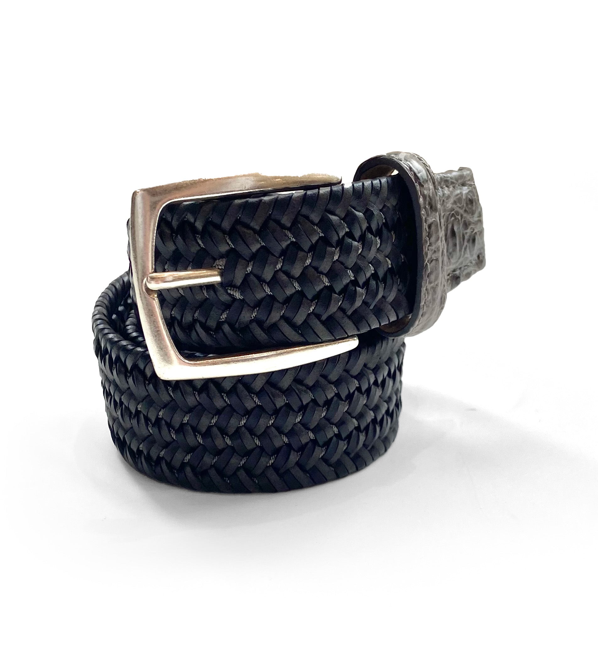 W. KLEINBERG Woven Leather Stretch Belt with Crocodile Tabs +Colors